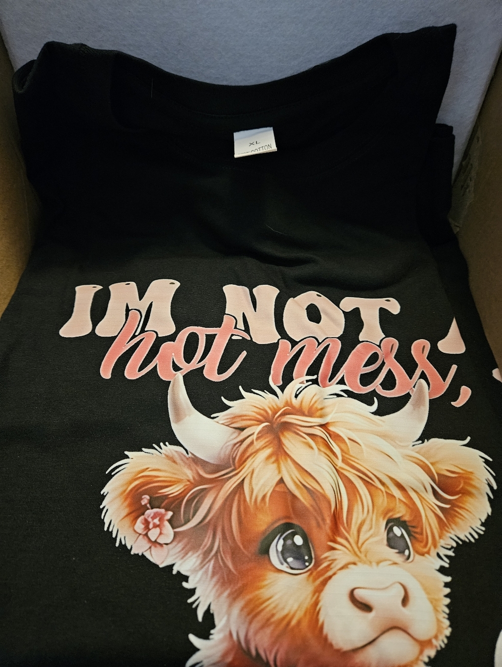 Black Graphic Tee with Cute Highland Cow "I'm Not A Hot Mess, Spicy Disaster, XL
